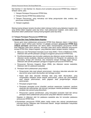 Pedoman Penyusunan Rencana Tata Ruang Wilayah Kota
24
Dari Gambar 3.1 dan Gambar 3.2, Secara umum prosedur penyusunan RTRW Kota, meliputi 4
tahapan utama, yaitu:
1. Tahapan Persiapan Penyusunan RTRW Kota;
2. Tahapan Review RTRW Kota sebelumnya;
3. Tahapan Penyusunan, yang mencakup sub tahap pengumpulan data, analisis, dan
perumusan konsep RTRW;
4. Tahapan Legalisasi.
Masing-masing tahapan tersebut diuraikan dalam bahasan berikut yang dijelaskan kegiatan dan
yang terlibat dalam kegiatan pada tiap tahan, hasil pelaksanaan kegiatan, serta waktu yang
dibutuhkan dalam pelaksanaan masing-masing kegiatan pada tiap tahap...........
3.1 Tahapan Persiapan Penyusunan RTRW Kota
A. Kegiatan Dan Yang Terlibat Dalam Kegiatan
Secara garis besar pelaksanaan penyusunan RTRW Kota dilakukan dalam 2 (dua) tahun
anggaran seperti terlihat pada Gambar 3.2 proses persiapan penyusunan RTRW Kota
meliputi persiapan administrasi dan teknis dalam mempersiapkan penyusunan RTRW
Kota dilakukan pada tahun pertama., kemudian pada tahun kedua dilakukan penyusunan
konsep RTRW Kota. Adapun kegiatan yang dilakukan dalam tahapan tersebut, meliputi:
a. Menyusun dan Pemantapan kerangka acuan kerja (KAK) / Terms of Reference (TOR).
Dilakukan oleh pemilik pekerjaan (pengguna anggaran) penyusunan RTRW Kota;
b. Pemilihan/pengadaan jasa konsultan pelaksana jika dilakukan secara kontraktual.. Jika
dilakukan secara swakelola, dilakukan pembentukan tim Pengarah, tim pelaksana, tim
penunjang, tenaga ahli individual, atau kerjasama dengan lembaga negeri lainnya.
Dilakukan oleh pemilik pekerjaan (pengguna anggaran) penyusunan RTRW Kota;
c. Penyusunan Rencana Anggaran Biaya (RAB), jika dilakukan secara swakelola;
Dilakukan oleh tim pelaksana swakelola;
d. Persiapan teknis pelaksanaan yang meliputi:
• Pengumpulan data awal wilayah perencanaan, mencakup data-data sekunder dan
atau primer yang mudah dikumpulkan dari berbagai sumber;
• Kajian awal data sekunder terhadap data yang telah dikumpulkan, yang
menghasilkan kebijakan terkait wilayah perencanaan, potensi dan permasalahan
awal wilayah perencanaan, serta gagasan awal pengembangan wilayah
perencanaan;
• Penyiapan program kerja;
• Penyiapan perangkat survei (checklist, panduan wawancara, kuesioner, panduan
observasi dan dokumentasi, dan lainnya), penyiapan metode pendekatan, mobilisasi
peralatan dan personil yang dibutuhkan;
• Penyusunan Laporan pendahuluan, yang merupakan kumpulan hasil dari semua
persiapan teknis pelaksanaan penyusunan yang telah dilakukan sebelumnya.
Kegiatan ini dilakukan oleh tim pelaksana swakelola atau tim konsultan pelaksana
penyusunan RTRW Kota.
e.Pemberitaan penyusunan RTRW dalam media massa atau saluran penyebarluasan
informasi lainnya. Dilakukan oleh Pemerintah Daerah dengan keterlibatan masyarakat
luas sebagai pihak pasif.
.............................
 