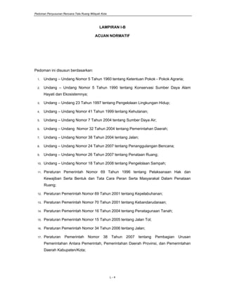 Pedoman Penyusunan Rencana Tata Ruang Wilayah Kota
L - 4
LAMPIRAN I-B
ACUAN NORMATIF
Pedoman ini disusun berdasarkan:
1. Undang – Undang Nomor 5 Tahun 1960 tentang Ketentuan Pokok - Pokok Agraria;
2. Undang – Undang Nomor 5 Tahun 1990 tentang Konservasi Sumber Daya Alam
Hayati dan Ekosistemnya;
3. Undang – Undang 23 Tahun 1997 tentang Pengelolaan Lingkungan Hidup;
4. Undang – Undang Nomor 41 Tahun 1999 tentang Kehutanan;
5. Undang – Undang Nomor 7 Tahun 2004 tentang Sumber Daya Air;
6. Undang – Undang Nomor 32 Tahun 2004 tentang Pemerintahan Daerah;
7. Undang – Undang Nomor 38 Tahun 2004 tentang Jalan;
8. Undang – Undang Nomor 24 Tahun 2007 tentang Penanggulangan Bencana;
9. Undang – Undang Nomor 26 Tahun 2007 tentang Penataan Ruang;
10. Undang – Undang Nomor 18 Tahun 2008 tentang Pengelolaan Sampah;
11. Peraturan Pemerintah Nomor 69 Tahun 1996 tentang Pelaksanaan Hak dan
Kewajiban Serta Bentuk dan Tata Cara Peran Serta Masyarakat Dalam Penataan
Ruang;
12. Peraturan Pemerintah Nomor 69 Tahun 2001 tentang Kepelabuhanan;
13. Peraturan Pemerintah Nomor 70 Tahun 2001 tentang Kebandarudaraan;
14. Peraturan Pemerintah Nomor 16 Tahun 2004 tentang Penatagunaan Tanah;
15. Peraturan Pemerintah Nomor 15 Tahun 2005 tentang Jalan Tol;
16. Peraturan Pemerintah Nomor 34 Tahun 2006 tentang Jalan;
17. Peraturan Pemerintah Nomor 38 Tahun 2007 tentang Pembagian Urusan
Pemerintahan Antara Pemerintah, Pemerintahan Daerah Provinsi, dan Pemerintahan
Daerah Kabupaten/Kota;
 