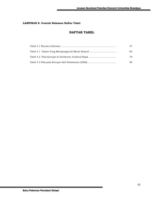 Jurusan Akuntansi Fakultas Ekonomi Universitas Brawijaya




LAMPIRAN 8. Contoh Halaman Daftar Tabel


                                              DAFTAR TABEL



     Tabel 3.1 Rincian Informan ………………………………..…………………………….                                          47

     Tabel 4.1 Faktor Yang Mempengaruhi Moral Hazard ……………......……………                               65

     Tabel 4.2. Pola Korupsi di Direktorat Jenderal Pajak .....................................     79

     Tabel 4.3 Pola-pola Korupsi oleh Pahwasono (2006) .......................................      85




                                                                                                           41
Buku Pedoman Penulisan Skripsi
 