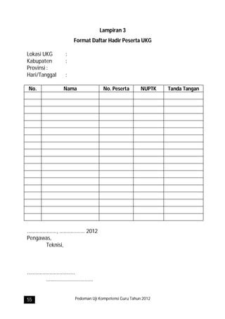 Lampiran 3
                                 Format Daftar Hadir Peserta UKG

Lokasi UKG                 :
Kabupaten                  :
Provinsi :
Hari/Tanggal               :

 No.                      Nama                     No. Peserta     NUPTK   Tanda Tangan




....................., .................. 2012
Pengawas,
              Teknisi,



..................................
              .................................


55                                Pedoman Uji Kompetensi Guru Tahun 2012
 