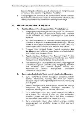 Pedoman Penyelenggaraan Uji Kompetensi Keahlian SMK Tahun Pelajaran 2013/2014

6

dan jenis Kompetensi Keahlian yang di wilayahnya dan mengirimkannya
ke Pelaksana Ujian Nasional Tingkat Satuan Pendidikan;

Proses penggandaan, pencetakan dan pendistribusian naskah Soal Teori
Kejuruan dilaksanakan sesuai Peraturan Presiden Nomor 54 Tahun 2010
tentang Pengadaan Barang/Jasa Pemerintah dan perubahannya.
1.

Tempat penyelenggaran ujian Praktik Kejuruan harus memenuhi
syarat kelayakan, untuk itu perlu dilakukan verifikasi kelayakan
satuan pendidikan atau tempat penyelenggaraan ujian Praktik
Kejuruan;

3.

Pelaksana Ujian Nasional Tingkat Provinsi membentuk
dengan melibatkan unsur dunia usaha/dunia industri
atau institusi pasangan yang relevan;

2.

4.
5.

1.
2.
3.
4.

Verifikasi kelayakan satuan pendidikan/tempat penyelenggaraan
ujian Praktik Kejuruan dilakukan oleh Pelaksana Ujian Nasional
Tingkat Provinsi dengan menggunakan instrumen verifikasi yang
telah disiapkan oleh Pelaksana Ujian Nasional Tingkat Pusat;
Apabila diperlukan Pelaksana Ujian Nasional Tingkat Provinsi
dapat mendelegasikan pelaksanaan verifikasi tempat ujian Praktik
Kejuruan kepada Dinas Pendidikan Kabupaten/Kota;

Penetapan kelayakan satuan pendidikan/tempat penyelenggaraan
ujian Praktik Kejuruan serta SMK yang menggabung dilakukan
oleh Pelaksana Ujian Nasional Tingkat Provinsi atau
Kabupaten/Kota
(apabila
didelegasikan)
berdasarkan
rekomendasi Tim Verifikasi.
Dunia usaha/dunia industri merupakan perusahaan/industri
berskala internasional, nasional, atau lokal dan memiliki
pekerjaan yang relevan dengan kompetensi keahlian peserta yang
akan diujikan.
Institusi Pasangan adalah asosiasi profesi, kementrian, lembaga
independen yang memiliki kewenangan melakukan uji
kompetensi dan mengeluarkan sertifikat kompetensi.

Dunia usaha/dunia industri atau institusi pasangan telah bekerja
sama dengan SMK minimal 3 tahun dan telah memberikan
kontribusi sebagai guru tamu dan terlibat dalam penyusunan
kurikulum SMK atau sebagi tempat magang peserta uji;
Dunia usaha/dunia industri atau institusi pasangan memiliki
assesor/penguji yang dibuktikan dengan sertifikat atau surat
keterangan;

3

 