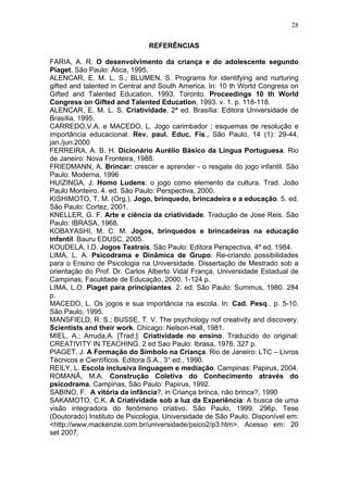 28
REFERÊNCIAS
FARIA, A. R. O desenvolvimento da criança e do adolescente segundo
Piaget. São Paulo: Ática, 1995.
ALENCAR, E. M. L. S.; BLUMEN, S. Programs for identifying and nurturing
gifted and talented in Central and South America. In: 10 th World Congress on
Gifted and Talented Education, 1993, Toronto. Proceedings 10 th World
Congress on Gifted and Talented Education, 1993. v. 1. p. 118-118.
ALENCAR, E. M. L. S. Criatividade. 2ª ed. Brasília: Editora Universidade de
Brasília, 1995.
CARREDO,V.A. e MACEDO, L. Jogo carimbador ; esquemas de resolução e
importância educacional. Rev. paul. Educ. Fís., São Paulo, 14 (1): 29-44,
jan./jun.2000
FERREIRA, A. B. H. Dicionário Aurélio Básico da Língua Portuguesa. Rio
de Janeiro: Nova Fronteira, 1988.
FRIEDMANN, A. Brincar: crescer e aprender - o resgate do jogo infantil. São
Paulo: Moderna, 1996
HUIZINGA, J. Homo Ludens: o jogo como elemento da cultura. Trad. João
Paulo Monteiro. 4. ed. São Paulo: Perspectiva, 2000.
KISHIMOTO, T. M. (Org.). Jogo, brinquedo, brincadeira e a educação. 5. ed.
São Paulo: Cortez, 2001.
KNELLER, G. F. Arte e ciência da criatividade. Tradução de Jose Reis. São
Paulo: IBRASA, 1968.
KOBAYASHI, M. C. M. Jogos, brinquedos e brincadeiras na educação
infantil. Bauru EDUSC, 2005.
KOUDELA, I.D. Jogos Teatrais. São Paulo: Editora Perspectiva, 4º ed, 1984.
LIMA, L. A. Psicodrama e Dinâmica de Grupo: Re-criando possibilidades
para o Ensino de Psicologia na Universidade. Dissertação de Mestrado sob a
orientação do Prof. Dr. Carlos Alberto Vidal França. Universidade Estadual de
Campinas, Faculdade de Educação, 2000, 1-124 p.
LIMA, L.O. Piaget para principiantes. 2. ed. São Paulo: Summus, 1980. 284
p.
MACEDO, L. Os jogos e sua importância na escola. In: Cad. Pesq., p. 5-10.
São Paulo, 1995.
MANSFIELD, R. S.; BUSSE, T. V. The psychology nof creativity and discovery.
Scientists and their work. Chicago: Nelson-Hall, 1981.
MIEL, A.; Arruda,A. [Trad.]. Criatividade no ensino. Traduzido do original:
CREATIVITY IN TEACHING. 2 ed Sao Paulo: Ibrasa, 1976. 327 p.
PIAGET, J. A Formação do Símbolo na Criança. Rio de Janeiro: LTC – Livros
Técnicos e Científicos. Editora S.A., 3° ed., 1990.
REILY, L. Escola inclusiva linguagem e mediação. Campinas: Papirus, 2004.
ROMANÃ, M.A. Construção Coletiva do Conhecimento através do
psicodrama. Campinas, São Paulo: Papirus, 1992.
SABINO, F. A vitória da infância?, in Criança brinca, não brinca?, 1990
SAKAMOTO, C.K. A Criatividade sob a luz da Experiência: A busca de uma
visão integradora do fenômeno criativo. São Paulo, 1999. 296p. Tese
(Doutorado) Instituto de Psicologia, Universidade de São Paulo. Disponível em:
<http://www.mackenzie.com.br/universidade/psico2/p3.htm>. Acesso em: 20
set 2007.
 
