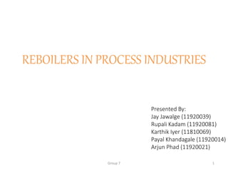 REBOILERS IN PROCESS INDUSTRIES
Presented By:
Jay Jawalge (11920039)
Rupali Kadam (11920081)
Karthik Iyer (11810069)
Payal Khandagale (11920014)
Arjun Phad (11920021)
Group 7 1
 