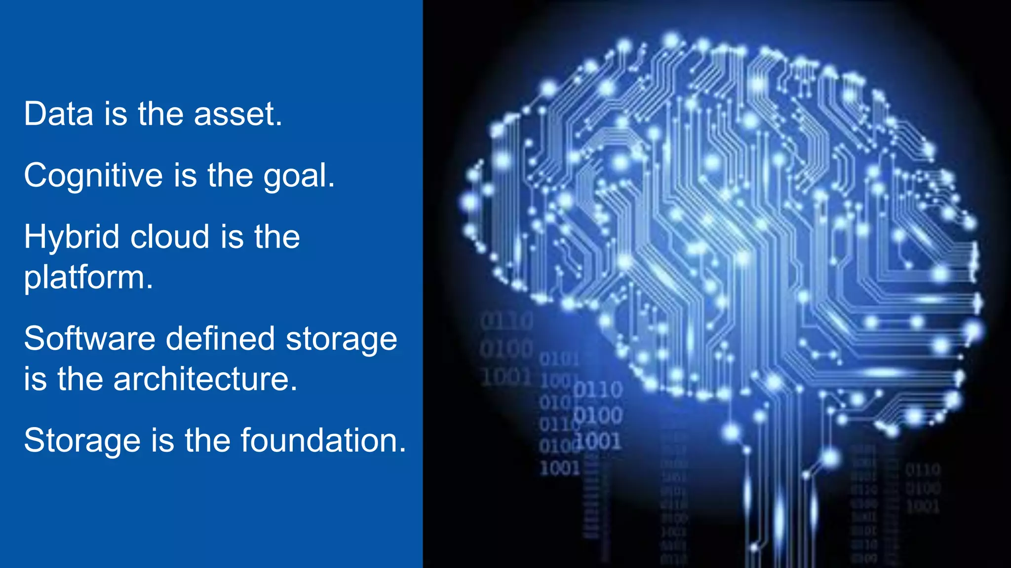 IBM Storage & SDI
Data is the asset.
Cognitive is the goal.
Hybrid cloud is the
platform.
Software defined storage
is the architecture.
Storage is the foundation.
 