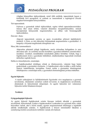 PEDAGÓGIAI PROGRAM
102
világban könnyebben tájékozódjanak, minél több emlékük, tapasztalatuk legyen a
körülöttük lévő anyagokról, és ezeknek az ismereteknek a segítségével érezzék
magukat biztonságban környezetükben.
Téri tapasztalatok:
Fejlessze a gyermekek térbeli tájékozódását, segítse térbeli tapasztalatszerzésüket.
Jutassa őket olyan térbeli, valamint dinamikus mozgásélményekhez, melyek
hozzájárulnak környezetük megismeréséhez, az abban való biztonságosabb
tájékozódáshoz.
Életvitel - főzés:
Alapvető tapasztalatok szerzése az egyes évszakokban jellemző táplálékokról,
ételekről. A főzés, az étel elkészítési folyamatának megismertetése a gyerekekkel. A
hangsúly a folyamat megélésének elősegítésén van.
Mese, báb, kommunikáció:
Alapvetően pihentető jellegű foglalkozás, amely elsősorban befogadásra és nem
aktivitásra épít. Az esztétikai nevelés keretében a gyerekek különböző zeneművekkel,
mesékkel, versekkel, mondókákkal ismerkednek játékos formában. Célunk, hogy a
foglalkozások révén a gyerekeket különböző, műalkotásokhoz kapcsolódó érzelmek
átéléséhez segítsük hozzá.
Hallás-és ritmusfejlesztés, zeneterápia
A foglalkozásokkal elsődleges célunk az élményszerzés, valamint hogy hatást
gyakoroljunk a gyermekek érzelmeire. A foglalkozások célja továbbá a sérült hallási
funkció rehabilitációja, korrigálása. Fontos terület a gyermekek lehetőségeinek
feltérképezése a zeneterápia terén, a gyermekek életminőségének javítása érdekében.
Egyéni fejlesztés
A tanuló szükségleteit és fejlődéstörténetét figyelembe véve megalapozza a gyermek
nevelésének, oktatásának személyre szabott tervezését, és meghatározza nevelésének,
oktatásának és fejlesztésének súlypontjait. Az egyéni fejlesztési terv valamennyi
fejlesztési terület feladataira kiterjed.
Területei:
Gyógypedagógiai fejlesztés
Az egyéni fejlesztő foglalkozások szintén lényeges területét alkotják a gyermekek
nevelésének, fejlesztésének. Ezeken a foglakozásokon a szakember és a gyermek intim, védett
helyzetben vannak, ahol a közös munka, egymás megismerésének lehetőségei a leginkább
adottak mindkettejük számára. A foglalkozások a helyzet intimitásából fakadóan a
személyiség érzelmi-szocializációs területére vannak erős hatással.
 