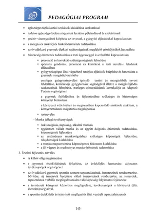 PEDAGÓGIAI PROGRAM
145
 egészséges táplálkozási szokások kialakítása szoktatással
 tudatos egészségvédelem alapjainak lerakása példaadással és szoktatással
 pozitív viszonyulások kiépítése az orvossal, a gyógyító eljárásokkal kapcsolatosan
 a mozgás és erőkifejtés funkcióörömének tudatosítása
 az óvodáskorú gyermek életkori sajátosságainak megfelelő erősítőjátékok használata
 büszkeség örömének tudatosítása a testi ügyességgel és erőnléttel kapcsolatosan
 prevenció és korrekció szükségességének felmérése
 speciális gondozás, prevenció és korrekció a testi nevelési feladatok
ellátásában
 gyógypedagógus által végezhető terápiás eljárások beépítése és használata a
gyermek mozgásfejlesztésébe
esetleges gyógytestnevelést igénylő tartási és mozgáshibák orvosi
felderítése, korrekciója gyógytornász segítségével illetve a mozgásfejlődés
szakaszainak felmérése, esetleges elmaradásának korrekciója az Alapozó
Terápia segítségével
a gyermek fejlődéséhez és fejlesztéséhez szükséges és biztonságos
környezet biztosítása
a környezet védelméhez és megóvásához kapcsolódó szokások alakítása, a
környezettudatos magatartás megalapozása
 testnevelés
- Munka jellegű tevékenységek
 önkiszolgálás, naposság, alkalmi munkák
 együttesen vállalt munka és az együtt dolgozás örömének tudatosítása,
képességének fejlesztése
 az eredményes munkavégzéshez szükséges képességek fejlesztése,
tulajdonságok kialakítása
 a munka megszervezése képességének fokozatos kialakítása
 a jól végzett és eredményes munka örömének tudatosítása
3. Értelmi fejlesztés, nevelés
 A külső világ megismerése
 a gyermek érdeklődésének felkeltése, az érdeklődés fenntartása változatos
tevékenységek segítségével
 az óvodáskorú gyermek spontán szerzett tapasztalatainak, ismereteinek rendszerezése,
bővítése, új ismeretek beépítése előző ismereteinek rendszerébe, az ismeretek,
tapasztalatok verbális megfogalmazására való képesség folyamatos fejlesztése
 a természeti környezet közvetlen megfigyelése, tevékenységek a környezet (élő,
élettelen) tárgyaival.
 a spontán érdeklődés és irányított megfigyelés által vezérelt tapasztalatszerzés
 
