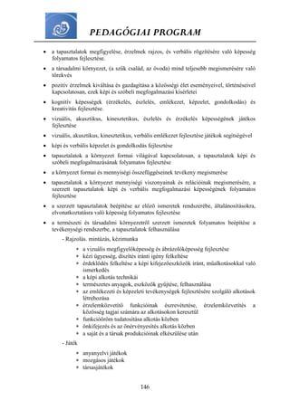 PEDAGÓGIAI PROGRAM
146
 a tapasztalatok megfigyelése, érzelmek rajzos, és verbális rögzítésére való képesség
folyamatos fejlesztése.
 a társadalmi környezet, (a szűk család, az óvoda) mind teljesebb megismerésére való
törekvés
 pozitív érzelmek kiváltása és gazdagítása a közösségi élet eseményeivel, történéseivel
kapcsolatosan, ezek képi és szóbeli megfogalmazási kísérletei
 kognitív képességek (érzékelés, észlelés, emlékezet, képzelet, gondolkodás) és
kreativitás fejlesztése.
 vizuális, akusztikus, kinesztetikus, észlelés és érzékelés képességének játékos
fejlesztése
 vizuális, akusztikus, kinesztetikus, verbális emlékezet fejlesztése játékok segítségével
 képi és verbális képzelet és gondolkodás fejlesztése
 tapasztalatok a környezet formai világával kapcsolatosan, a tapasztalatok képi és
szóbeli megfogalmazásának folyamatos fejlesztése
 a környezet formai és mennyiségi összefüggéseinek tevékeny megismerése
 tapasztalatok a környezet mennyiségi viszonyainak és relációinak megismerésére, a
szerzett tapasztalatok képi és verbális megfogalmazási képességének folyamatos
fejlesztése
 a szerzett tapasztalatok beépítése az előző ismeretek rendszerébe, általánosításokra,
elvonatkoztatásra való képesség folyamatos fejlesztése
 a természeti és társadalmi környezetről szerzett ismeretek folyamatos beépítése a
tevékenységi rendszerbe, a tapasztalatok felhasználása
- Rajzolás. mintázás, kézimunka
 a vizuális megfigyelőképesség és ábrázolóképesség fejlesztése
 kézi ügyesség, díszítés iránti igény felkeltése
 érdeklődés felkeltése a képi kifejezőeszközök iránt, műalkotásokkal való
ismerkedés
 a képi alkotás technikái
 természetes anyagok, eszközök gyűjtése, felhasználása
 az emlékezeti és képzeleti tevékenységek fejlesztésére szolgáló alkotások
létrehozása
 érzelemközvetítő funkcióinak észrevétetése, érzelemközvetítés a
közösség tagjai számára az alkotásokon keresztül
 funkcióöröm tudatosítása alkotás közben
 önkifejezés és az önérvényesítés alkotás közben
 a saját és a társak produkcióinak elkészülése után
- Játék
 anyanyelvi játékok
 mozgásos játékok
 társasjátékok
 