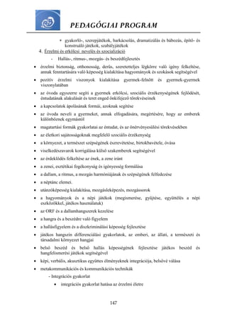 PEDAGÓGIAI PROGRAM
147
 gyakorló-, szerepjátékok, barkácsolás, dramatizálás és bábozás, építő- és
konstruáló játékok, szabályjátékok
4. Érzelmi és erkölcsi nevelés és szocializáció
- Hallás-, ritmus-, mozgás- és beszédfejlesztés
 érzelmi biztonság, otthonosság, derűs, szeretetteljes légkörre való igény felkeltése,
annak fenntartására való képesség kialakítása hagyományok és szokások segítségével
 pozitív érzelmi viszonyok kialakítása gyermek-felnőtt és gyermek-gyermek
viszonylatában
 az óvoda egyszerre segíti a gyermek erkölcsi, szociális érzékenységének fejlődését,
éntudatának alakulását és teret enged önkifejező törekvéseinek
 a kapcsolatok ápolásának formái, azoknak segítése
 az óvoda neveli a gyermeket, annak elfogadására, megértésére, hogy az emberek
különböznek egymástól
 magatartási formák gyakorlatai az éntudat, és az önérvényesülési törekvésekben
 az életkori sajátosságoknak megfelelő szociális érzékenység
 a környezet, a természet szépségének észrevétetése, birtokbavétele, óvása
 viselkedészavarok korrigálása külső szakemberek segítségével
 az érdeklődés felkeltése az ének, a zene iránt
 a zenei, esztétikai fogékonyság és igényesség formálása
 a dallam, a ritmus, a mozgás harmóniájának és szépségének felfedezése
 a néptánc elemei.
 utánzóképesség kialakítása, mozgásleképezés, mozgássorok
 a hagyományok és a népi játékok (megismerése, gyűjtése, együttélés a népi
eszközökkel, játékos használatuk)
 az ORF és a dallamhangszerek kezelése
 a hangra és a beszédre való figyelem
 a hallásfigyelem és a diszkriminálási képesség fejlesztése
 játékos hangszín differenciálási gyakorlatok, az emberi, az állati, a természeti és
társadalmi környezet hangjai
 belső beszéd és belső hallás képességének fejlesztése játékos beszéd és
hangfelismerési játékok segítségével
 képi, verbális, akusztikus együttes élményeknek integrációja, belsővé válása
 metakommunikációs és kommunikációs technikák
- Integrációs gyakorlat
 integrációs gyakorlat hatása az érzelmi életre
 