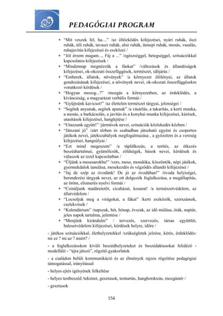 PEDAGÓGIAI PROGRAM
154
 “Mit veszek fel, ha....” /az öltözködés kifejezései, nyári ruhák, őszi
ruhák, téli ruhák, tavaszi ruhák, alsó ruhák, ünnepi ruhák, mosás, vasalás,
ruhajavítás kifejezései és eszközei /
 “Jól érzem magam..., Fáj a ...” /egészséggel, betegséggel, szituációkkal
kapcsolatos kifejezések /
 “Mindennap megnézzük a fánkat” /változások és állandóságok
kifejezései, ok-okozati összefüggések, természet, időjárás /
 “Emberek, állatok, növények” /a környezet élőlényei, az állatok
gondozásának kifejezései, a növények nevei, ok-okozati összefüggésekre
vonatkozó kérdések /
 “Hogyan mozog...?” /mozgás a környezetben, az érdeklődés, a
kíváncsiság, a magyarázat verbális formái /
 “Gyűjtsünk kavicsot!” /az élettelen természet tárgyai, jelenségei /
 “Segítek anyunak, segítek apunak” /a vásárlás, a takarítás, a kerti munka,
a mosás, a barkácsolás, a javítás és a konyhai munka kifejezései, kérések,
utasítások kifejezései, hanglejtése /
 “Utazzunk együtt!” /járművek nevei, szituációk közlekedés közben /
 “Játszani jó” /zárt térben és szabadban játszható egyéni és csoportos
játékok nevei, játékszabályok megfogalmazása , a győzelem és a vereség
kifejezései, hangsúlyai /
 “Ezt mind megeszem” /a táplálkozás, a terítés, az étkezés
beszédtartalmai, gyümölcsök, zöldségek, húsok nevei, kérdések és
válaszok az ízzel kapcsolatban /
 “Üljünk a mesesarokba!” /vers, mese, mondóka, köszöntők, népi játékok,
gyermekdalok tanulása, mesekezdés és végződés állandó kifejezései /
 “Jaj de szép az óvodánk! De jó az óvodában!” /óvoda helyiségei,
berendezési tárgyak nevei, az ott dolgozók foglalkozása, a megállapítás,
az öröm, elismerés nyelvi formái /
 “Csináljunk madáretetőt, cicaházat, kosarat! /a természetvédelem, az
állatvédelem /
 “Locsoljuk meg a virágokat, a fákat” /kerti eszközök, szerszámok,
cselekvések /
 “Kalendárium” /napszak, hét, hónap, évszak, az idő múlása, órák, naptár,
jeles napok tartalma, jelentése /
 “Menjünk kirándulni” / tervezés, szervezés, társas együttlét,
balesetvédelem kifejezései, kérdések helyre, időre /
- játékos szituációkkal, élethelyzetekkel /szükségletek jelzése, kérés, érdeklődés:
mi ez ? mi az ? miért? /
- a foglalkozásokon kívüli beszédhelyzeteket és beszédaktusokat felidéző -
modelláló - “újra játszó”, rögzítő gyakorlatok
- a családon belüli kommunikáció és az élmények rajzos rögzítése pedagógiai
támogatással, irányítással
- helyes ejtés igényének felkeltése
- helyes testbeszéd /tekintet, gesztusok, testtartás, hanghordozás, mozgástér /
- gesztusok
 