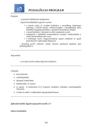PEDAGÓGIAI PROGRAM
158
Értékelés
- A gyermek fejlődésének megfigyelése
- Egyéni beszédfejlődési regiszter vezetése:
 a beszéd szintje az óvodába kerüléskor, a beszédhang (alapzönge)
minősége, a beszéd ritmusa, szókincsvizsgálat, a beszédhangok ejtése
különböző hangkapcsolatokban, a spontán kommunikáció állapota
 a beszéd fejlődése: változások az előző szempontok szerint
 megfigyelés a különböző kommunikációs szerepek vonatkozásában a
nyelvi interakciókban (adó-vevő)
 a különleges nyelvi megnyilvánulások, egyéni szóalkotás és egyéb
gyermeknyelvi sajátosságok feljegyzése
- Kizárólag pozitív értékelés: szóban, dicséret, jutalmazás képekkel, apró
játéktárgyakkal is.
Kapcsolatok
- az óvodai nevelés minden fejlesztési területével
Feltételek
 korai fejlesztés
 szurdologopédus
 támogató családi háttér
 hallókészülék és viselése
 az egyéni és kislétszámú (2-3) csoportos munkához szükséges szurdologopédiai
felszerelés
 vizuális és auditív vonatkozásban ingergazdag környezet
fejlesztési terület: Egyéni anyanyelvi nevelés 1-3
játékos beszédindítás
 