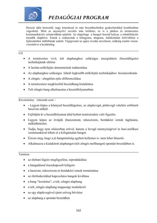 PEDAGÓGIAI PROGRAM
162
Hosszú időn keresztül, nagy kitartással és más beszédtechnikai gyakorlatokkal kombináltan
végezhető. Mint az anyanyelvi nevelés más területei, ez is a játékos és természetes
kommunikációs szituációkban ajánlott. Az alapzönge a hangzó beszéd kulcsa, a rehabilitációs
teendők alapköve. Ennek a szakasznak a kihagyása, átugrása, indokolatlan lerövidítése a
fejlesztésben műhibának számít. Végigvonul az egész óvodai nevelésen, szükség esetén vissza-
visszatérve a kezdetekig.
Cél
 A természetes vivő, telt alaphanghoz szükséges energiabázis (beszédlégzés)
technikájának elérése
 A lazítás-erőkifejtés átmeneteinek tudatosítása
 Az alaphanghoz szükséges lehető legkisebb erőkifejtés technikájához hozzászoktatás
 A zöngés - zöngétlen ejtés differenciálása
 A természetest megközelítő beszédhang kialakítása
 Telt zöngés hang alkalmazása a beszédfolyamatban
Követelmény /elérendő szint /
 - Legyen képes a könnyed beszédlégzésre, az alaplevegő, pótlevegő vételére erőltetett
beszívás nélkül.
 Fejlődjön ki a beszédfolyamat által keltett testérzésekre való figyelés.
 Legyen képes az övtájék (hasizomzat, rekeszizom, bordaközi izmok tágítására,
működtetésére.
 Tudja, hogy nem elsősorban erővel, hanem a levegő mennyiségével és hasi-mellkasi
izommunkával érheti el a kifogástalan hangot.
 Érezze meg, hogy a jó hangminőség egyben kellemes is: nem lehet fárasztó.
 Alkalmazza a kialakított alaphangot (telt zöngés mellhangot) spontán beszédében is.
Tartalom
 az élettani légzés megfigyelése, reprodukálása
 a hangadással összekapcsolt kilégzés
 a hasizom, rekeszizom és bordaközi izmok tornáztatása
 az életfunkciókkal kapcsolatos hangok kiváltása
 a hang “leszúrása”, a telt, zöngés alaphang
 a telt, zöngés alaphang magassági modulációi
 az egy alaplevegővel ejtett szöveg bővítése
 az alaphang a spontán beszédben
 