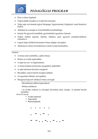 PEDAGÓGIAI PROGRAM
165
 Értse a ritmus fogalmát.
 Tudjon példát mondani az óvodai élet ritmusára.
 Tudja saját szívritmusát ujjával lekopogni, légzésritmusát, kilégzéseit vonal húzásával
kísérni.
 Alakuljon ki a mozgás és a beszédindítás koordináltsága.
 Ismerje fel egyszerű mondókák, gyermekdalok egyenletes ritmusát.
 Tudjon önállón tapsolni, dobolni, labdázni, járni egyszerű mondókaváltakozó
ritmusára is.
 Legyen képes felidézni bemutatott ritmus alapján szövegeket.
 Alkalmazza a helyes beszédritmust a tanult óvodai közlésekben.
Tartalom
 A ritmus mint ismétlődés, a játék ritmusa
 Ritmus az óvodai napirendben
 A saját test szív- és légzésritmusa
 A ritmus kirakása természetes anyagokból, játékokból
 A saját testritmus követése mozgással
 Beszéddel, zenével társult mozgásos játékok
 Az egyenletes lüktetés szövegekben
 Mozgással kapcsolt váltakozó ritmus szövegek
- Beszédritmus dallam-kapcsolással
- Ritmus-emlékezet
- Az óvodai szókincs és szövegek ritmizálása ének, mozgás és spontán beszéd
keretében
Javasolt anyag
 óvodai napirend
 Napszakok
 Ritmusképletek
. . . . .
. - . - .
- - . . -. . - . . -
 