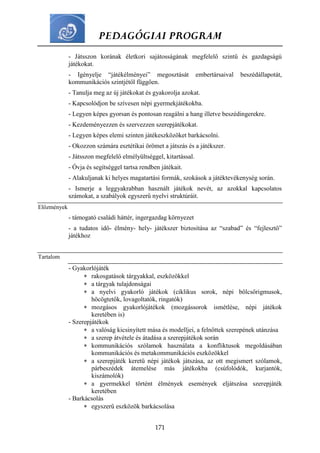 PEDAGÓGIAI PROGRAM
171
- Játsszon korának életkori sajátosságának megfelelő szintű és gazdagságú
játékokat.
- Igényelje “játékélményei” megosztását embertársaival beszédállapotát,
kommunikációs szintjétől függően.
- Tanulja meg az új játékokat és gyakorolja azokat.
- Kapcsolódjon be szívesen népi gyermekjátékokba.
- Legyen képes gyorsan és pontosan reagálni a hang illetve beszédingerekre.
- Kezdeményezzen és szervezzen szerepjátékokat.
- Legyen képes elemi szinten játékeszközöket barkácsolni.
- Okozzon számára esztétikai örömet a játszás és a játékszer.
- Játsszon megfelelő elmélyültséggel, kitartással.
- Óvja és segítséggel tartsa rendben játékait.
- Alakuljanak ki helyes magatartási formák, szokások a játéktevékenység során.
- Ismerje a leggyakrabban használt játékok nevét, az azokkal kapcsolatos
számokat, a szabályok egyszerű nyelvi struktúráit.
Előzmények
- támogató családi háttér, ingergazdag környezet
- a tudatos idő- élmény- hely- játékszer biztosítása az “szabad” és “fejlesztő”
játékhoz
Tartalom
- Gyakorlójáték
 rakosgatások tárgyakkal, eszközökkel
 a tárgyak tulajdonságai
 a nyelvi gyakorló játékok (ciklikus sorok, népi bölcsőrigmusok,
höcögtetők, lovagoltatók, ringatók)
 mozgásos gyakorlójátékok (mozgássorok ismétlése, népi játékok
keretében is)
- Szerepjátékok
 a valóság kicsinyített mása és modelljei, a felnőttek szerepének utánzása
 a szerep átvétele és átadása a szerepjátékok során
 kommunikációs szólamok használata a konfliktusok megoldásában
kommunikációs és metakommunikációs eszközökkel
 a szerepjáték keretű népi játékok játszása, az ott megismert szólamok,
párbeszédek átemelése más játékokba (csúfolódók, kurjantók,
kiszámolók)
 a gyermekkel történt élmények események eljátszása szerepjáték
keretében
- Barkácsolás
 egyszerű eszközök barkácsolása
 