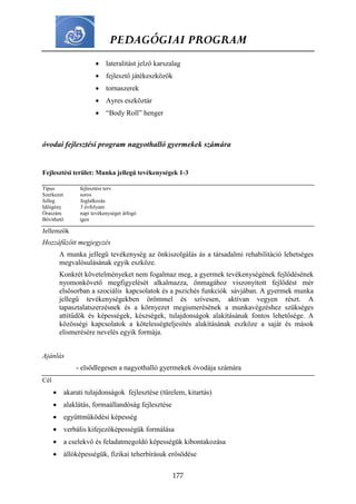 PEDAGÓGIAI PROGRAM
177
 lateralitást jelző karszalag
 fejlesztő játékeszközök
 tornaszerek
 Ayres eszköztár
 “Body Roll” henger
óvodai fejlesztési program nagyothalló gyermekek számára
Fejlesztési terület: Munka jellegű tevékenységek 1-3
Típus fejlesztési terv
Szerkezet soros
Jelleg foglalkozás
Időigény 3 évfolyam
Óraszám napi tevékenységet átfogó
Bővíthető igen
Jellemzők
Hozzáfűzött megjegyzés
A munka jellegű tevékenység az önkiszolgálás ás a társadalmi rehabilitáció lehetséges
megvalósulásának egyik eszköze.
Konkrét követelményeket nem fogalmaz meg, a gyermek tevékenységének fejlődésének
nyomonkövető megfigyelését alkalmazza, önmagához viszonyított fejlődést mér
elsősorban a szociális kapcsolatok és a pszichés funkciók sávjában. A gyermek munka
jellegű tevékenységekben örömmel és szívesen, aktívan vegyen részt. A
tapasztalatszerzésnek és a környezet megismerésének a munkavégzéshez szükséges
attitűdök és képességek, készségek, tulajdonságok alakításának fontos lehetősége. A
közösségi kapcsolatok a kötelességteljesítés alakításának eszköze a saját és mások
elismerésére nevelés egyik formája.
Ajánlás
- elsődlegesen a nagyothalló gyermekek óvodája számára
Cél
 akarati tulajdonságok fejlesztése (türelem, kitartás)
 alaklátás, formaállandóság fejlesztése
 együttműködési képesség
 verbális kifejezőképességük formálása
 a cselekvő és feladatmegoldó képességük kibontakozása
 állóképességük, fizikai teherbírásuk erősödése
 