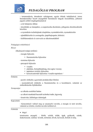 PEDAGÓGIAI PROGRAM
188
- teremrendezés, átrendezés valóságosan, egyéni ötletek indoklásával, terem
berendezéséhez hozott anyagokból berendezési tárgyak összeállítása, jellemző
jegyek szóbeli megfogalmazásával
- a tér leképzése síkban
- készülődés az ünnepekre, a csoportszoba díszítésére, jellegzetes díszítőeszközök
készítése
- a nyomdázás technikájának elsajátítása, nyomdakészítés, nyomatkészítés
- ajándékkészítés és csomagolás, (papírhajtogatás, kötözés)
- kiállításrendezés és szervezés az alkotómunkákból
Pedagógiai rehabilitáció
Részei
Alkalmazott terápia területei:
- mozgás fejlesztés
 finommotorika fejlesztése
- testséma fejlesztés
- percepció fejlesztés
 vizuális
 alaklátás, formaállandóság, rész-egész viszony
 tapintásos észlelés fejlesztése
 keresztcsatornák fejlesztése /vizuális-tapintásos /
Értékelés
- pozitív értékelés a gyermeki produkciókat illetően
- nyomonkövető értékelés a finommotorika és a koordináció, valamint az
emberábrázolás fejlődésében
Szempontjai
- az alkotás esztétikai hatása
- az alkotó munkánál használt technikai tudás, ügyesség
- kreativitás, különleges tehetségek
Kapcsolatok
- Koncentráció valósul meg az anyanyelvi nevelés, a mozgás és testi nevelés,
valamint az értelmi, érzelmi nevelés területeivel.
Feltételek
 tárgyi:
természetes anyagok: , bőrök, szőrök, tollak, ágak, gyökerek, szárak,
(kukoricaszár, szalma) levelek, termések, kövek, kavicsok, homok és talaj,
 