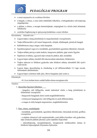 PEDAGÓGIAI PROGRAM
190
 a zenei anyanyelve és a szókincs bővítése
 a hangok, a ritmus, a zene iránti érdeklődés felkeltése, a befogadásukra való képesség
megalapozása
 a dallam, a ritmus, a mozgás harmóniájának, szépségének és a közös ének örömének
felfedezése
 esztétikai fogékonyság és igényesség kialakítása a zenei ízlésben
Követelmény /elérendő szint /
 Legyen képes a hang jelenlétének és megszűnésének visszajelzésére.
 Tudja differenciálni a jól ismert hangszerek, zörejek, állathangok, járművek hangját.
 Különböztesse meg a magas, mély hangokat.
 Együttmozgással vegye át a mondókák, gyermekdalok egyenletes lüktetését, ritmusát.
 Tudjon néhány percig a tanár énekére, hangszeres játékára, gépi zenére figyelni.
 Sajátítson el néhány, egyszerű népi szituációs játékot, dalt, mondókát.
 Legyen képes néhány elemből álló táncmozdulat utánzására, felidézésére.
 Tudjon utánozni és felidézni gyakorlás után felidézni néhány elemekből álló nyelvi
szekvenciát.
 Legyen képes akusztikailag és ritmikailag is jól differenciálható 2-3 tagú szavak,
tőmondatok elkülönítésére.
 Legyen képes szóértésre halk ejtés, illetve hangtalan ejtés során is.
Előzmények
- 0-3 éves korban korai családi hallás-ritmus-mozgásnevelés
Tartalom
1. Akusztikai figyelem felkeltése
- hangokra való felfigyelés, annak tudomásul vétele; a hang jelenlétének és
eltűnésének visszajelzése
- hangszerek hangjának elemi szintű megkülönböztetése
- a környezet hangingereire való felfigyelés és azok differenciálása
- a magas és mély hangok megismerése, megkülönböztetése
2. Tánc, ritmus, zenehallgatás
- mondókák, gyermekdalok, egyenletes lüktetésének, ritmusának átvétele, grafikus
visszajelzése
- a néptánc elemeivel való megismerkedés, ezek játékos keretben való gyakorlata;
népi szituációs játékok játszása a jeles napokhoz kapcsoltan
- utánzóképesség, mozgásleképezés, mozgássorok emlékezetben tartása és
felidézési képességének folyamatos fejlesztése
 