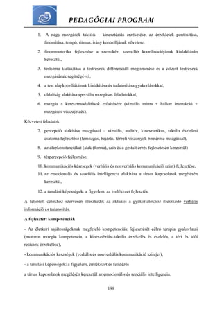 PEDAGÓGIAI PROGRAM
198
1. A nagy mozgások taktilis – kinesztéziás érzékelése, az érzékletek pontosítása,
finomítása, tempó, ritmus, irány kontrolljának növelése,
2. finommotorika fejlesztése a szem-kéz, szem-láb koordinációjának kialakításán
keresztül,
3. testséma kialakítása a testrészek differenciált megismerése és a célzott testrészek
mozgásának segítségével,
4. a test alapkoordiátáinak kialakítása és tudatosítása gyakorlásokkal,
5. oldaliság alakítása speciális mozgásos feladatokkal,
6. mozgás a keresztmodalitások erősítésére (vizuális minta + hallott instrukció +
mozgásos visszajelzés).
Közvetett feladatok:
7. percepció alakítása mozgással – vizuális, auditív, kinesztétikus, taktilis észlelési
csatorna fejlesztése (lemozgás, bejárás, térbeli viszonyok bemérése mozgással),
8. az alapkonstanciákat (alak (forma), szín és a gestalt érzés fejlesztésén keresztül)
9. térpercepció fejlesztése,
10. kommunikációs készségek (verbális és nonverbális kommunikáció szint) fejlesztése,
11. az emocionális és szociális intelligencia alakítása a társas kapcsolatok megélésén
keresztül,
12. a tanulási képességek: a figyelem, az emlékezet fejlesztés.
A felsorolt célokhoz szervesen illeszkedik az aktuális a gyakorlatokhoz illeszkedő verbális
információ és tudatosítás.
A fejlesztett kompetenciák
- Az életkori sajátosságoknak megfelelő kompetenciák fejlesztését célzó terápia gyakorlatai
(motoros mozgás kompetencia, a kinesztéziás–taktilis érzékelés és észlelés, a téri és idői
relációk érzékelése),
- kommunikációs készségek (verbális és nonverbális kommunikáció szintjei),
- a tanulási képességek: a figyelem, emlékezet és felidézés
a társas kapcsolatok megélésén keresztül az emocionális és szociális intelligencia.
 