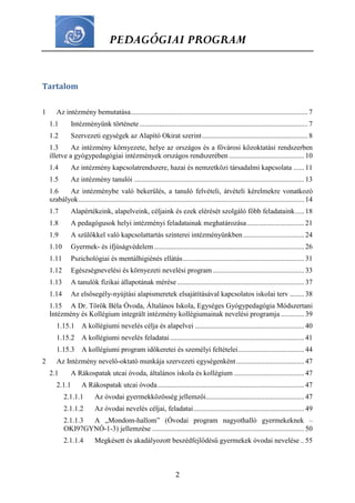 PEDAGÓGIAI PROGRAM
2
Tartalom
1 Az intézmény bemutatása................................................................................................... 7
1.1 Intézményünk története.............................................................................................. 7
1.2 Szervezeti egységek az Alapító Okirat szerint........................................................... 8
1.3 Az intézmény környezete, helye az országos és a fővárosi közoktatási rendszerben
illetve a gyógypedagógiai intézmények országos rendszerében .......................................... 10
1.4 Az intézmény kapcsolatrendszere, hazai és nemzetközi társadalmi kapcsolata ...... 11
1.5 Az intézmény tanulói ............................................................................................... 13
1.6 Az intézménybe való bekerülés, a tanuló felvételi, átvételi kérelmekre vonatkozó
szabályok.............................................................................................................................. 14
1.7 Alapértékeink, alapelveink, céljaink és ezek elérését szolgáló főbb feladataink..... 18
1.8 A pedagógusok helyi intézményi feladatainak meghatározása................................ 21
1.9 A szülőkkel való kapcsolattartás színterei intézményünkben .................................. 24
1.10 Gyermek- és ifjúságvédelem.................................................................................... 26
1.11 Pszichológiai és mentálhigiénés ellátás.................................................................... 31
1.12 Egészségnevelési és környezeti nevelési program ................................................... 33
1.13 A tanulók fizikai állapotának mérése....................................................................... 37
1.14 Az elsősegély-nyújtási alapismeretek elsajátításával kapcsolatos iskolai terv ........ 38
1.15 A Dr. Török Béla Óvoda, Általános Iskola, Egységes Gyógypedagógia Módszertani
Intézmény és Kollégium integrált intézmény kollégiumainak nevelési programja ............. 39
1.15.1 A kollégiumi nevelés célja és alapelvei ............................................................. 40
1.15.2 A kollégiumi nevelés feladatai........................................................................... 41
1.15.3 A kollégiumi program időkeretei és személyi feltételei..................................... 44
2 Az Intézmény nevelő-oktató munkája szervezeti egységenként...................................... 47
2.1 A Rákospatak utcai óvoda, általános iskola és kollégium ....................................... 47
2.1.1 A Rákospatak utcai óvoda.................................................................................. 47
2.1.1.1 Az óvodai gyermekközösség jellemzői....................................................... 47
2.1.1.2 Az óvodai nevelés céljai, feladatai.............................................................. 49
2.1.1.3 A „Mondom-hallom” (Óvodai program nagyothalló gyermekeknek –
OKI97GYNÓ-1-3) jellemzése ..................................................................................... 50
2.1.1.4 Megkésett és akadályozott beszédfejlődésű gyermekek óvodai nevelése .. 55
 