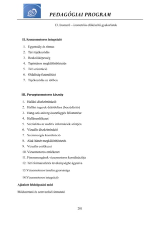 PEDAGÓGIAI PROGRAM
201
13. Izomerő – izometriás előkészítő gyakorlatok
II. Szenzomotoros integráció
1. Egyensúly és ritmus
2. Téri tájékozódás
3. Reakcióképesség
4. Tapintásos megkülönböztetés
5. Téri orientáció
6. Oldaliság (lateralitás)
7. Tájékozódás az időben
III. Perceptuomotoros készség
1. Hallási diszkrimináció
2. Hallási ingerek dekódolása (beszédértés)
3. Hang-szó-szöveg összefüggés felismerése
4. Hallásemlékezet
5. Szerialitás az auditív információk szintjén
6. Vizuális diszkrimináció
7. Szemmozgás koordináció
8. Alak-háttér megkülönböztetés
9. Vizuális emlékezet
10. Vizuomotoros emlékezet
11. Finommozgások vizuomotoros koordinációja
12. Téri formaészlelés tevékenységbe ágyazva
13.Vizuomotoros tanulás gyorsasága
14.Vizuomotoros integráció
Ajánlott feldolgozási mód
Módszertani és szervezéséi útmutató
 