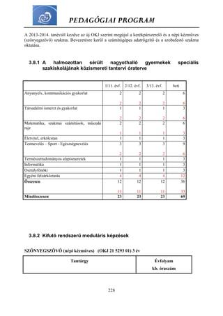 PEDAGÓGIAI PROGRAM
228
A 2013-2014. tanévtől kezdve az új OKJ szerint megújul a kerékpárszerelő és a népi kézműves
(szőnyegszövő) szakma. Bevezetésre kerül a számítógépes adatrögzítő és a szobafestő szakma
oktatása.
3.8.1 A halmozottan sérült nagyothalló gyermekek speciális
szakiskolájának közismereti tantervi óraterve
1/11. évf. 2/12. évf. 3/13. évf. heti
Anyanyelv, kommunikációs gyakorlat 2
2
2
2
2
2
6
6
Társadalmi ismeret és gyakorlat 1
2
1
2
1
2
3
6
Matematika, szakmai számítások, műszaki
rajz
2
1
2
1
2
1
6
3
Életvitel, erkölcstan 1 1 1 3
Testnevelés – Sport - Egészségnevelés 3
2
3
2
3
2
9
6
Természettudományos alapismeretek 1 1 1 3
Informatika 1 1 1 3
Osztályfőnöki 1 1 1 3
Egyéni felzárkóztatás 4 4 4 12
Összesen 12
11
12
11
12
11
36
33
Mindösszesen 23 23 23 69
3.8.2 Kifutó rendszerű moduláris képzések
SZŐNYEGSZÖVŐ (népi kézműves) (OKJ 21 5293 01) 3 év
Tantárgy Évfolyam
kb. óraszám
 