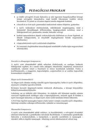 PEDAGÓGIAI PROGRAM
63
 az önálló szövegértő olvasás fejlesztése az alsó tagozaton hangsúlyosabban köznapi
témájú szövegekre támaszkodva, majd később fokozatosan irodalmi művek
bevonásával. Ez jelenti az olvasásra alapozó tanulás alapjainak lerakását.
 a beszélt és az írott nyelv grammatikai rendszerének tudatos felépítése, gyakorlása
 a nyelvi kódrendszer értelmezésének, működésének megtámogatása, mind a
bemenetnél (beszédhangok differenciálása, hangkapcsolatok észlelése), mind a
feldolgozásnál (szó, grammatika, mondat, bekezdés, szöveg)
 konkrét tapasztalatokon alapuló szókincsfejlesztés (különösen az elvont fogalmak, az
állandó szókapcsolatok, az árnyaltabb megfogalmazási formák megismerése,
alkalmazása.)
 a kapcsolatteremtés nyelvi eszközeinek elsajátítása
 Az ismeretek elsajátításában támaszkodjanak mindinkább a hallás útján megszerezhető
információkra.
Szociális és állampolgári kompetencia:
A nyelvi szint elmaradásából adódó nehezített élethelyzetek, az esetleges kudarcok
feldolgozását segítheti, ha a tanuló reális énképpel, önkontrollal, empátiával, toleranciával
rendelkezik, valamint ismeri a frusztráció és stressz kezelésének technikáit. Fontos a
konfliktuskezelés, a meggyőzés, kapcsolatépítés, csoportszellem és az ezekhez kapcsolódó
kommunikáció elsajátítása.
Idegen nyelvi kommunikáció:
Az idegen nyelv oktatása mindig a tanulók egyéni képességeihez, hallás és nyelvi állapotához,
anyanyelvi szintjéhez igazodva történik.
Kívánatos korszerű idegennyelv-tanítási módszerek alkalmazása, a köznapi helyzetekhez
köthető kommunikációfejlesztés.
Lehetőség van az értékelés alóli felmentésre. Az értékelés alól felmentett tanulók számára
szervezett foglalkozások elsődleges célja a képességfejlesztés, melynek egyik fő feladata a
nyelvi készségek fejlesztése, az idegen nyelv elemi szintű tanulására történő felkészítés.
A NAT-ban rögzített tananyaghoz képest a helyi tanterv szintjén a tanulók nyelvi állapotához,
fejlettségi szintjéhez szükséges differenciálni, redukálni az ismeretanyagot.
Matematikai kompetencia:
A nyelvi szint elmaradásából adódó szókincs-, és beszédértésbeli, a szövegértő olvasásbeli
eltérések kihat/hat/nak a gondolkodási műveletek flexibilitására. A matematikai gondolkodás
fejlesztése a tevékenykedtetés, a manipuláció, a speciális szemléltetés és tananyagok -
interaktív tábla és digitális tananyagok - lehetőség szerinti alkalmazásával valósul meg.
 