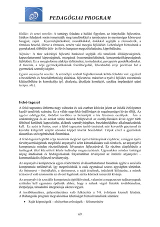 PEDAGÓGIAI PROGRAM
69
Hallás- és zenei nevelés: A tantárgy feladata a hallási figyelem, az irányhallás fejlesztése.
Játékos feladatok során ismertetjük meg tanulóinkkal a természetes és mesterséges környezet
hangjait, zajait. Gyermekjátékokkal, mondókákkal, dalokkal segítjük a ritmusérzék, a
ritmikus beszéd, illetve a ritmusra, zenére való mozgás fejlődését. Lehetőséget biztosítunk a
gyerekeknek többféle ütős- és fúvós hangszer megszólaltatására, kipróbálására.
Néptánc: A tánc sokirányú fejlesztő hatásával segítjük elő tanulóink állóképességének,
kapcsolatteremtő képességének, mozgásuk összerendeződésének, koncentrációképességének
fejlődését. Ez a mozgásforma alakítja térlátásukat, testtudatukat, percepciós gondolkodásukat.
A táncnak, a népi gyermekjátékoknak feszültségoldó, felszabadító ereje pozitívan hat a
gyermekek személyiségére.
Egyéni anyanyelvi nevelés: A személyre szabott foglalkozásnak kettős feladata van: egyrészt
a beszédértés és beszédérthetőség alakítása, fejlesztése, másrészt a nyelvi fejlődés zavarainak
kiküszöbölése és korrekciója (pl. diszlexia, diszfázia korrekció, cochlea implantáció utáni
terápia. stb.).
Felső tagozat
A felső tagozatos létforma nagy változást és sok esetben kihívást jelent az ötödik évfolyamot
kezdő tanulóink számára. Ez a váltás nagyfokú önállóságot és rugalmasságot kíván tőlük. Az
egyéni odafigyelést, törődést továbbra is biztosítják a kis létszámú osztályok. Ám a
szaktantárgyak és az azokat tanító tanárok belépésével az osztályfőnökön kívül egyre több
felnőttel kerülnek kapcsolatba, akiknek személyiségéhez, beszédmódjához alkalmazkodniuk
kell. Ez azért is fontos, mert a felső tagozaton tanító tanáraink már kevesebb gesztussal és
kevésbé kifejezett szájról olvasási képpel kísérik beszédüket. Céljuk ezzel a gyermekek
akusztikus szövegértésének finomítása.
A felső tagozat legfőbb célja tanulóink meglévő nyelvi hátrányának enyhítése, a magyar nyelv
törvényszerűségeinek megfelelő anyanyelvi szint kimunkálására való törekvés, az anyanyelvi
kompetencia minden részterületének folyamatos fejlesztésével. Ez részben alapfeltétele a
tantárgyak által közvetített közös tudásalap megszerzésének. Ugyanakkor minden tantárgyi
anyag átadásának és feldolgozásának folyamatában érvényesül az intenzív anyanyelvi –
kommunikációs fejlesztő tevékenység.
Az anyanyelvi kompetencia egyes részterületei elválaszthatatlanul fonódnak egybe a szociális
kompetencia területeivel, így megerősítésük is csak egymással szoros egységben történhet.
Az önismeret – önértékelés, a társismeret, a saját érzelmek, indulatok kifejezése, a mások
érzéseivel való azonosulás az elvont fogalmak széles körének ismeretét kívánja.
Az anyanyelvi és szociális kompetencia építőköveinek, valamint a megszerzett tudásanyagnak
szilárdan kell egymásra épülniük ahhoz, hogy a nálunk végző fiatalok továbbtanulása,
életpályája, társadalmi integrációja sikeres legyen.
A továbbtanulásra, pályaválasztásra való felkészítés a 7-8. évfolyam kiemelt feladata.
A Ráhangolás program megvalósítása lehetőséget biztosít tanulóink számára:
 Saját képességeik – elsősorban erősségeik – felismerésére
 