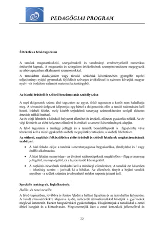 PEDAGÓGIAI PROGRAM
72
Értékelés a felső tagozaton
A tanulók magatartásukról, szorgalmukról és tanulmányi eredményeikről numerikus
értékelést kapnak. A magatartás és szorgalom értékelésének szempontrendszere megegyezik
az alsó tagozatban alkalmazott szempontokkal.
A tanulásban akadályozott vagy társuló sérülésük következtében gyengébb nyelvi
teljesítményt nyújtó gyermekek fejlődését szöveges értékeléssel is nyomon követjük magyar
nyelv –és irodalom valamint matematika tantárgyból.
Az iskolai írásbeli és szóbeli beszámoltatás szabályozása
A napi dolgozatok száma alsó tagozaton az egyet, felső tagozaton a kettőt nem haladhatja
meg. A témazáró dolgozat időpontját egy héttel a dolgozatírás előtt a tanuló tudomására kell
hozni. Írásbeli felelet, mely kisebb terjedelmű tananyag számonkérésére szolgál előzetes
értesítés nélkül íratható.
Az év eleji felmérés a kiinduló helyzetet ellenőrzi és értékeli, előzetes gyakorlás nélkül. Az év
végi felmérés az elért helyzetet ellenőrzi és értékeli a tantervi követelmények alapján.
A felső tagozaton a tantárgy jellegét és a tanulók beszédállapotát is figyelembe véve
törekedni kell a minél gyakoribb szóbeli megnyilatkoztatásokra, a szóbeli feleltetésre.
Az otthoni, napközis felkészüléshez előírt írásbeli és szóbeli feladatok meghatározásának
szabályai:
 A házi feladat célja: a tanórák ismeretanyagának begyakorlása, elmélyítése és / vagy
önálló alkalmazása.
 A házi feladat mennyisége - az életkori sajátosságoknak megfelelően - függ a tananyag
jellegétől, mennyiségétől, és a fejlesztendő készségektől.
 A napközis nevelőnek törekedni kell a minőségi ellenőrzésre. A tanulók ezt követően
– lehetőség szerint – javítsák ki a hibákat. Az ellenőrzés tényét a bejáró tanulók
esetében - a szülők számára értelmezhető módon naponta jelezni kell.
Speciális tantárgyak, foglalkozások:
Hallás- és zenei nevelés:
A felső tagozatban, továbbra is fontos feladat a hallási figyelem és az irányhallás fejlesztése.
A tanult ritmusértékekre alapozva újabb, nehezebb ritmusformákkal bővítjük a gyermekek
meglévő ismereteit. Ezeket hangszerekkel gyakoroltatjuk. Elsajátíttatjuk a tanulókkal a zenei
ábécé hangjait és a kottaolvasást. Megismertetjük őket a zenei korszakok jellemzőivel és
 