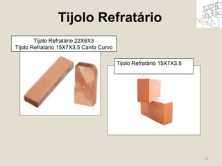 Tijolo Refratário 
Tijolo Refratário 22X6X3 
Tijolo Refratário 15X7X3,5 Canto Curvo 
Tijolo Refratário 15X7X3,5 
21 
 