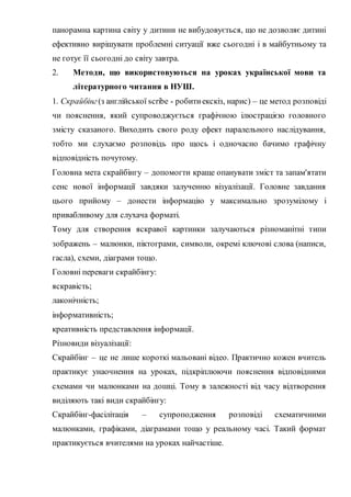 панорамна картина світу у дитини не вибудовується, що не дозволяє дитині
ефективно вирішувати проблемні ситуації вже сьогодні і в майбутньому та
не готує її сьогодні до світу завтра.
2. Методи, що використовуються на уроках української мови та
літературного читання в НУШ.
1. Скрайбінг(з англійської scribe - робитиекскіз, нарис) – це метод розповіді
чи пояснення, який супроводжується графічною ілюстрацією головного
змісту сказаного. Виходить свого роду ефект паралельного наслідування,
тобто ми слухаємо розповідь про щось і одночасно бачимо графічну
відповідність почутому.
Головна мета скрайбінгу – допомогти краще опанувати зміст та запам'ятати
сенс нової інформації завдяки залученню візуалізації. Головне завдання
цього прийому – донести інформацію у максимально зрозумілому і
привабливому для слухача форматі.
Тому для створення яскравої картинки залучаються різноманітні типи
зображень – малюнки, піктограми, символи, окремі ключові слова (написи,
гасла), схеми, діаграми тощо.
Головні переваги скрайбінгу:
яскравість;
лаконічність;
інформативність;
креативність представлення інформації.
Різновиди візуалізації:
Скрайбінг – це не лише короткі мальовані відео. Практично кожен вчитель
практикує унаочнення на уроках, підкріплюючи пояснення відповідними
схемами чи малюнками на дошці. Тому в залежності від часу відтворення
виділяють такі види скрайбінгу:
Скрайбінг-фасілітація – супроподження розповіді схематичними
малюнками, графіками, діаграмами тощо у реальному часі. Такий формат
практикується вчителями на уроках найчастіше.
 
