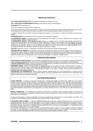 PRINCIPAIS CONCEITOS

PIA - POPULAÇÃO EM IDADE ATIVA: corresponde à população com dez anos ou mais.
PEA - POPULAÇÃO ECONOMICAMENTE ATIVA: parcela da PIA ocupada ou desempregada.
OCUPADOS - são os indivíduos que:
a) possuem trabalho remunerado exercido regularmente;
b) possuem trabalho remunerado exercido de forma irregular, desde que não estejam procurando trabalho diferente do atual. Exc luem-
se as pessoas que, não tendo procurado trabalho, exerceram de forma excepcional algum trabalho nos últimos 30 dias;
c) possuem trabalho não remunerado de ajuda em negócios de parentes, ou remunerado em espécie ou benefício, sem procura de
trabalho.
DESEMPREGADOS - são os indivíduos que se encontram numa das seguintes situações:
a) DESEMPREGO ABERTO - pessoas que procuraram trabalho de modo efetivo nos 30 dias anteriores ao da entrevista e não
exerceram nenhum trabalho nos últimos sete dias;
b) DESEMPREGO OCULTO - Pelo trabalho precário: pessoas que realizam de forma irregular algum trabalho remunerado (ou
pessoas que realizam trabalho não remunerado em ajuda a negócios de parentes) e que procuraram mudar de trabalho nos 30 dias
anteriores ao da entrevista, ou que, não tendo procurado neste período, o fizeram até 12 meses atrás; Pelo trabalho desalento:
pessoas que não possuem trabalho e nem procuraram nos últimos 30 dias, por desestímulos do mercado de trabalho ou por
circunstâncias fortuitas, mas procuraram efetivamente trabalho nos últimos 12 meses.
INATIVOS (maiores de 10 anos) - correspondem à parcela da PIA que não está ocupada ou desempregada.
RENDIMENTOS DO TRABALHO - corresponde ao rendimento monetário bruto (sem descontos de imposto de renda e previdência),
efetivamente recebido, referente ao trabalho no mês imediatamente anterior ao da pesquisa. Para os assalariados, são considerados os
descontos por falta, ou acréscimos devido há horas extras, gratificações, etc. Não são computados o décimo terceiro salário e os
benefícios indiretos. Para os empregadores, autônomos e demais posições, é considerada a retirada mensal.

                                                PRINCIPAIS INDICADORES
TAXA GLOBAL DE PARTICIPAÇÃO - é a relação entre a População Economicamente Ativa e a População em Idade Ativa (PEA/PIA).
Indica a proporção de pessoas com dez anos ou mais incorporadas ao mercado de trabalho, como ocupados ou desempregados.
TAXA DE DESEMPREGO TOTAL - equivale à relação entre Desempregados e População Economicamente Ativa. Indica a proporção
da PEA que se encontra na situação de desemprego aberto ou oculto.
RENDIMENTO MÉDIO: refere-se à média trimestral do rendimento mensal real no trabalho principal. A média trimestral é calculada a
partir de valores nominais mensais, inflacionados pelo INPC/RMR-IBGE, até o último mês do trimestre. Os dados de rendimento,
investigados em cada mês, referem-se ao mês imediatamente anterior ao da coleta e, portanto, têm sempre esta defasagem em
relação às demais informações da pesquisa.
DISTRIBUIÇÃO DOS RENDIMENTOS: indica os valores máximos recebidos pelos 10% e 25% mais pobres, os valores mínimos
recebidos pelos 25% e 10% mais ricos, e o rendimento mediano, que divide a população entre os 50% que têm os rendimentos mais
baixos e os 50% que têm rendimentos mais altos.


                                                 NOTAS METODOLÓGICAS
PLANO AMOSTRAL - A pesquisa de Emprego e Desemprego na Região Metropolitana de Recife (PED / RMR) tem como unidade
amostral o domicílio da área urbana e rural dos 14 municípios que compõem esta região: Abreu e Lima, Araçoiaba, Cabo, Camarag ibe,
Igarassu, Ipojuca, Itamaracá, Itapissuma, Jaboatão dos Guararapes, Moreno, Olinda, Paulista, Recife e São Lourenço da Mata. Estes
municípios estão subdivididos em 38 distritos e 2279 setores censitários, dos quais 395 compõem o plano amostral. As informaç ões de
interesses da pesquisa são coletadas mensalmente através de entrevistas realizadas com os moradores de dez anos de idade ou mais,
em aproximadamente 2.500 domicílios, que representam uma fração amostral de 01(um), para cada 126, do total de domicílios da
RMR.

MÉDIAS TRIMESTRAIS - Os resultados são divulgados mensalmente e expressam médias trimestrais móveis dos indicadores
produzidos. Isto significa que as informações referentes a determinado mês representam a média dos dados coletados neste mês e nos
dois meses que o antecederam.

As taxas de desemprego, ocupação e participação de acordo com atributos das pessoas (sexo, cor, idade, posição no domicílio), são
calculadas como proporção do grupo de indivíduos com o mesmo atributo na PIA ou na PEA.

PROJEÇÕES POPULACIONAIS – A Agência CONDEPE/FIDEM, responsável pelas projeções populacionais, fez uma revisão das
projeções anteriores com base no Censo Demográfico 2010 da FIBGE, chegando a novas estimativas para a População Total da
Região Metropolitana do Recife. Como resultado dessas novas projeções foi revista toda a série de estimativas da População em Idade
Ativa (PIA) e de seus componentes, a População Economicamente Ativa (PEA) - ocupados e desempregados - e a População formada
por indivíduos Inativos com 10 anos ou mais de idade.
As Estimativas Populacionais do município de Recife e da Região Metropolitana do Recife, a partir de agosto de 2000 foram obtidas
com base na taxa geométrica de crescimento populacional do(s) município(s) utilizando as informações de população residente
constante nos censos demográficos de 2000 e 2010 do Instituto Brasileiro de Geografia e Estatística - IBGE.




PED/RMR                                                                                                                           5
 
