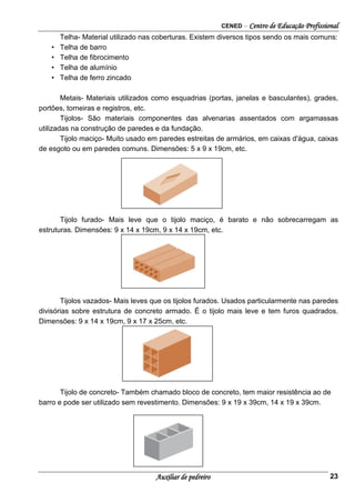 CENED – Centro de Educação Profissional
Auxiliar de pedreiro 23
Telha- Material utilizado nas coberturas. Existem diversos tipos sendo os mais comuns:
• Telha de barro
• Telha de fibrocimento
• Telha de alumínio
• Telha de ferro zincado
Metais- Materiais utilizados como esquadrias (portas, janelas e basculantes), grades,
portões, torneiras e registros, etc.
Tijolos- São materiais componentes das alvenarias assentados com argamassas
utilizadas na construção de paredes e da fundação.
Tijolo maciço- Muito usado em paredes estreitas de armários, em caixas d'água, caixas
de esgoto ou em paredes comuns. Dimensões: 5 x 9 x 19cm, etc.
Tijolo furado- Mais leve que o tijolo maciço, é barato e não sobrecarregam as
estruturas. Dimensões: 9 x 14 x 19cm, 9 x 14 x 19cm, etc.
Tijolos vazados- Mais leves que os tijolos furados. Usados particularmente nas paredes
divisórias sobre estrutura de concreto armado. É o tijolo mais leve e tem furos quadrados.
Dimensões: 9 x 14 x 19cm, 9 x 17 x 25cm, etc.
Tijolo de concreto- Também chamado bloco de concreto, tem maior resistência ao de
barro e pode ser utilizado sem revestimento. Dimensões: 9 x 19 x 39cm, 14 x 19 x 39cm.
 
