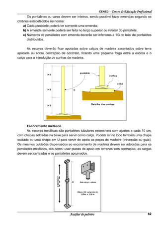 CENED – Centro de Educação Profissional
Auxiliar de pedreiro 62
Os pontaletes ou varas devem ser inteiros, sendo possível fazer emendas segundo os
critérios estabelecidos na norma:
a) Cada pontalete poderá ter somente uma emenda;
b) A emenda somente poderá ser feita no terço superior ou inferior do pontalete;
c) Números de pontaletes com emenda deverão ser inferiores a 1/3 do total de pontaletes
distribuídos.
As escoras deverão ficar apoiadas sobre calços de madeira assentados sobre terra
apiloada ou sobre contrapiso de concreto, ficando uma pequena folga entre a escora e o
calço para a introdução de cunhas de madeira.
Escoramento metálico
As escoras metálicas são pontaletes tubulares extensíveis com ajustes a cada 10 cm,
com chapas soldadas na base para servir como calço. Podem ter no topo também uma chapa
soldada ou uma chapa em U para servir de apoio as peças de madeira (travessão ou guia).
Os mesmos cuidados dispensados ao escoramento de madeira devem ser adotados para os
pontaletes metálicos, tais como: usar placas de apoio em terrenos sem contrapiso, as cargas
devem ser centradas e os pontaletes aprumados.
H
H/ 3
H/ 3
H/ 3
Detalhe das cunhas
pontalete
cunhas
calço
 