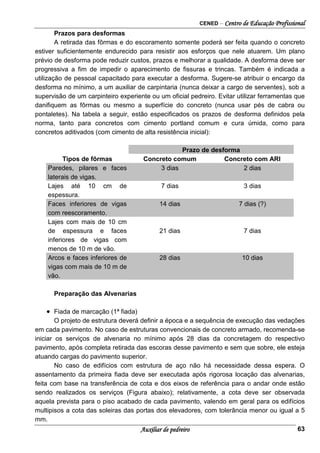 CENED – Centro de Educação Profissional
Auxiliar de pedreiro 63
Prazos para desformas
A retirada das fôrmas e do escoramento somente poderá ser feita quando o concreto
estiver suficientemente endurecido para resistir aos esforços que nele atuarem. Um plano
prévio de desforma pode reduzir custos, prazos e melhorar a qualidade. A desforma deve ser
progressiva a fim de impedir o aparecimento de fissuras e trincas. Também é indicada a
utilização de pessoal capacitado para executar a desforma. Sugere-se atribuir o encargo da
desforma no mínimo, a um auxiliar de carpintaria (nunca deixar a cargo de serventes), sob a
supervisão de um carpinteiro experiente ou um oficial pedreiro. Evitar utilizar ferramentas que
danifiquem as fôrmas ou mesmo a superfície do concreto (nunca usar pés de cabra ou
pontaletes). Na tabela a seguir, estão especificados os prazos de desforma definidos pela
norma, tanto para concretos com cimento portland comum e cura úmida, como para
concretos aditivados (com cimento de alta resistência inicial):
Tipos de fôrmas
Prazo de desforma
Concreto comum Concreto com ARI
Paredes, pilares e faces
laterais de vigas.
3 dias 2 dias
Lajes até 10 cm de
espessura.
7 dias 3 dias
Faces inferiores de vigas
com reescoramento.
14 dias 7 dias (?)
Lajes com mais de 10 cm
de espessura e faces
inferiores de vigas com
menos de 10 m de vão.
21 dias 7 dias
Arcos e faces inferiores de
vigas com mais de 10 m de
vão.
28 dias 10 dias
Preparação das Alvenarias
• Fiada de marcação (1ª fiada)
O projeto de estrutura deverá deﬁnir a época e a sequência de execução das vedações
em cada pavimento. No caso de estruturas convencionais de concreto armado, recomenda-se
iniciar os serviços de alvenaria no mínimo após 28 dias da concretagem do respectivo
pavimento, após completa retirada das escoras desse pavimento e sem que sobre, ele esteja
atuando cargas do pavimento superior.
No caso de edifícios com estrutura de aço não há necessidade dessa espera. O
assentamento da primeira fiada deve ser executada após rigorosa locação das alvenarias,
feita com base na transferência de cota e dos eixos de referência para o andar onde estão
sendo realizados os serviços (Figura abaixo); relativamente, a cota deve ser observada
aquela prevista para o piso acabado de cada pavimento, valendo em geral para os edifícios
multipisos a cota das soleiras das portas dos elevadores, com tolerância menor ou igual a 5
mm.
 