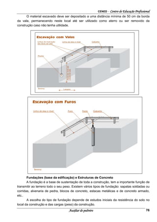 CENED – Centro de Educação Profissional
Auxiliar de pedreiro 76
O material escavado deve ser depositado a uma distância mínima de 50 cm da borda
da vala, permanecendo neste local até ser utilizado como aterro ou ser removido da
construção caso não tenha utilidade.
Fundações (base da edificação) e Estruturas de Concreto
A fundação é a base de sustentação de toda a construção, tem a importante função de
transmitir ao terreno todo o seu peso. Existem vários tipos de fundação: sapatas soldadas ou
corridas, alvenaria de pedra, blocos de concreto, estacas metálicas e de concreto armado,
etc..
A escolha do tipo de fundação depende de estudos iniciais da resistência do solo no
local da construção e das cargas (peso) da construção.
 