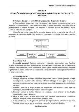 CENED – Centro de Educação Profissional
Auxiliar de pedreiro 8
SEÇÃO 1
RELAÇÕES INTERPESSOAIS NO CANTEIRO DE OBRAS E CONCEITOS
BÁSICOS
Definições dos cargos e nível hierárquico dentro do canteiro de obras
A Figura abaixo apresenta o nível hierárquico mais simples e mais comum em uma
obra civil. Pode-se observar que o engenheiro civil é a pessoa com maior nível hierárquico, e
posteriormente o Mestre de obras. Em seguida, o pedreiro, auxiliar de pedreiro, pintor,
bombeiro hidráulico e o eletricista.
O auxiliar de pedreiro quando for executar alguma tarefa no canteiro, deverá pedir
orientação ao mestre de obras ou ao pedreiro. E deve sempre respeitar a decisão do mestre
de obras.
Engenheiro Civil
Descrição sumária: Elaborar, coordenar, reformular, acompanhar e/ou fiscalizar
projetos, preparando plantas e especificações técnicas da obra, indicando tipo e qualidade de
materiais e equipamentos; definir técnicas de construção e mão de obra adequada; elaborar
orçamentos de custos com insumos necessários à obra; coordenar a operação e manutenção
do empreendimento.
Atribuições típicas:
1. Planejar, organizar, executar e controlar projetos na área da construção civil, realizar
investigações e levantamentos técnicos, definir metodologia de execução, desenvolver
estudos ambientais, revisar e aprovar projetos, especificar equipamentos, materiais e
serviços;
2. Elaborar, executar e dirigir projetos de engenharia civil relativos a estruturas de
edificações, estudando características e especificações;
3. Preparar plantas e indicar técnicas de execução para orientar a construção,
manutenção e reparo de obras;
4. Orçar a obra, compor custos unitários de mão de obra, equipamentos, materiais e
serviços, apropriar custos específicos e gerais da obra.
5. Executar obra de construção civil, controlar cronograma físico e financeiro da obra,
fiscalizar obras, supervisionar segurança e aspectos ambientais da obra.
 
