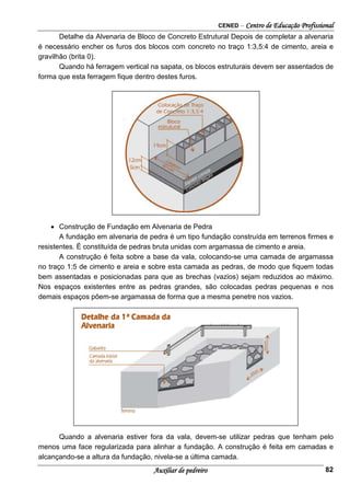CENED – Centro de Educação Profissional
Auxiliar de pedreiro 82
Detalhe da Alvenaria de Bloco de Concreto Estrutural Depois de completar a alvenaria
é necessário encher os furos dos blocos com concreto no traço 1:3,5:4 de cimento, areia e
gravilhão (brita 0).
Quando há ferragem vertical na sapata, os blocos estruturais devem ser assentados de
forma que esta ferragem fique dentro destes furos.
• Construção de Fundação em Alvenaria de Pedra
A fundação em alvenaria de pedra é um tipo fundação construída em terrenos firmes e
resistentes. É constituída de pedras bruta unidas com argamassa de cimento e areia.
A construção é feita sobre a base da vala, colocando-se uma camada de argamassa
no traço 1:5 de cimento e areia e sobre esta camada as pedras, de modo que fiquem todas
bem assentadas e posicionadas para que as brechas (vazios) sejam reduzidos ao máximo.
Nos espaços existentes entre as pedras grandes, são colocadas pedras pequenas e nos
demais espaços põem-se argamassa de forma que a mesma penetre nos vazios.
Quando a alvenaria estiver fora da vala, devem-se utilizar pedras que tenham pelo
menos uma face regularizada para alinhar a fundação. A construção é feita em camadas e
alcançando-se a altura da fundação, nivela-se a última camada.
 