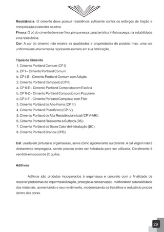 Resistência: O cimento deve possuir resistência suficiente contra os esforços de tração e
compressão existentes na obra.
Finura: O pó do cimento deve ser fino, porque essa característica influi na pega, na estabilidade
e na resistência.
Cor: A cor do cimento não mostra as qualidades e propriedades do produto mas, uma cor
uniforme em uma remessa representa esmero em sua fabricação.
Tipos de Cimento
1. Cimento Portland Comum (CPI)
a. CPI – Cimento Portland Comum
b. CPI-S – Cimento Portland Comum comAdição
2. Cimento Portland Composto (CPII)
a. CPII-E – Cimento Portland Composto com Escória
b. CPII-Z – Cimento Portland Composto com Pozolana
c. CPII-F – Cimento Portland Composto com Fíler
3. Cimento Portland deAlto-Forno (CPIII)
4. Cimento Portland Pozolânico (CPIV)
5. Cimento Portland deAlta Resistência Inicial (CPV-ARI)
6. Cimento Portland Resistente a Sulfatos (RS)
7. Cimento Portland de Baixo Calor de Hidratação (BC)
8. Cimento Portland Branco (CPB)
Cal: usada em pinturas e argamassas, serve como aglomerante ou corante. A cal virgem não é
diretamente empregada, sendo preciso antes ser hidratada para ser utilizada. Geralmente é
vendida em sacos de 20 quilos.
Aditivos
Aditivos são produtos incorporados à argamassa e concreto com a finalidade de
resolver problemas de impermeabilização, proteção e conservação, melhorando a durabilidade
dos materiais, aumentando o seu rendimento, modernizando os trabalhos e reduzindo prazos
dentro das obras.
29
 