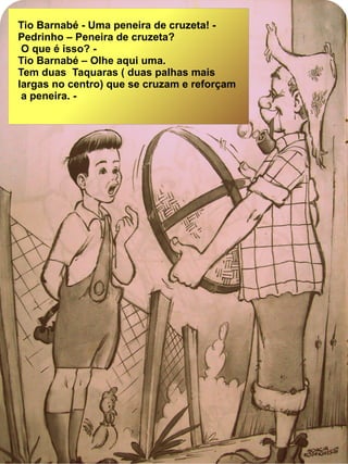 Tio Barnabé - Uma peneira de cruzeta! -
Pedrinho – Peneira de cruzeta?
O que é isso? -
Tio Barnabé – Olhe aqui uma.
Tem duas Taquaras ( duas palhas mais
largas no centro) que se cruzam e reforçam
a peneira. -
 