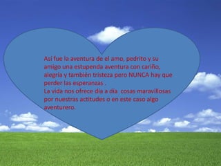 Así fue la aventura de el amo, pedrito y su 
amigo una estupenda aventura con cariño, 
alegría y también tristeza pero NUNCA hay que 
perder las esperanzas . 
La vida nos ofrece día a día cosas maravillosas 
por nuestras actitudes o en este caso algo 
aventurero. 
 