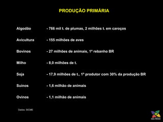 PRODUÇÃO PRIMÁRIA Dados: SICME Algodão - 766 mil t. de plumas, 2 milhões t. em caroços Avicultura - 155 milhões de aves Bovinos - 27 milhões de animais, 1º rebanho BR Milho - 8,0 milhões de t. Soja - 17,9 milhões de t., 1º produtor com 30% da produção BR  Suínos - 1,6 milhão de animais Ovinos - 1,1 milhão de animais 
