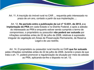 Art. 11. A inscrição do imóvel rural no CAR ... requerida pelo interessado no
            prazo de um ano, contado a partir da sua implantação...;

      Art. 12. No período entre a publicação da Lei nº 12.651, de 2012, e a
 implantação do PRA em cada Estado e no Distrito Federal, e após a adesão
      do interessado ao PRA e enquanto estiver sendo cumprido o termo de
     compromisso, o proprietário ou possuidor não poderá ser autuado por
    infrações cometidas antes de 22 de julho de 2008, relativas à supressão
  irregular de vegetação em Áreas de Preservação Permanente, de Reserva
                            Legal e de uso restrito.


     Art. 14. O proprietário ou possuidor rural inscrito no CAR que for autuado
pelas infrações cometidas antes de 22 de julho de 2008, durante o prazo de que
trata o art. 11, poderá promover a regularização da situação por meio da adesão
                   ao PRA, aplicando-se-lhe o disposto no art. 13.
 