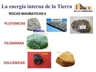 La energía interna de la Tierra
ROCAS MAGMATICAS II
PLUTONICAS
FILONIANAS
VOLCÁNICAS
Granito
 