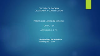 CULTURA CIUDADANA 
CIUDADANIA Y CONSTITUCION 
PEDRO LUIS LANDINEZ MOLINA 
GRUPO : 39 
ACTIVIDAD 1, 2 Y 3 
Universidad del atlántico 
barranquilla - 2014 
 