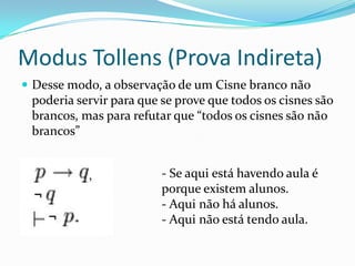 Modus Tollens (Prova Indireta)
 Desse modo, a observação de um Cisne branco não
 poderia servir para que se prove que todos os cisnes são
 brancos, mas para refutar que “todos os cisnes são não
 brancos”


                         - Se aqui está havendo aula é
                         porque existem alunos.
                         - Aqui não há alunos.
                         - Aqui não está tendo aula.
 