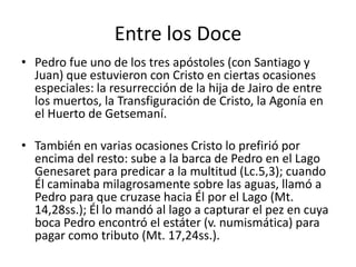 Entre los Doce
• Pedro fue uno de los tres apóstoles (con Santiago y
Juan) que estuvieron con Cristo en ciertas ocasiones
especiales: la resurrección de la hija de Jairo de entre
los muertos, la Transfiguración de Cristo, la Agonía en
el Huerto de Getsemaní.

• También en varias ocasiones Cristo lo prefirió por
encima del resto: sube a la barca de Pedro en el Lago
Genesaret para predicar a la multitud (Lc.5,3); cuando
Él caminaba milagrosamente sobre las aguas, llamó a
Pedro para que cruzase hacia Él por el Lago (Mt.
14,28ss.); Él lo mandó al lago a capturar el pez en cuya
boca Pedro encontró el estáter (v. numismática) para
pagar como tributo (Mt. 17,24ss.).

 