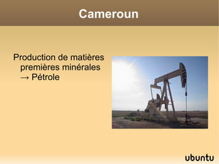 Cameroun


Production de matières
 premières minérales
 → Pétrole
 