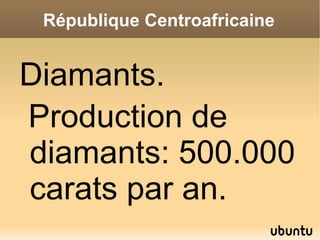 République Centroafricaine


Diamants.
Production de
diamants: 500.000
carats par an.
 