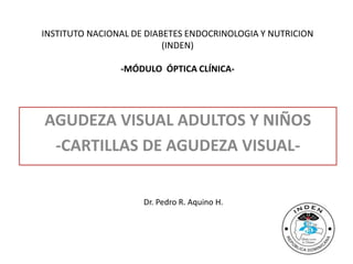 INSTITUTO NACIONAL DE DIABETES ENDOCRINOLOGIA Y NUTRICION
(INDEN)
-MÓDULO ÓPTICA CLÍNICA-
AGUDEZA VISUAL ADULTOS Y NIÑOS
-CARTILLAS DE AGUDEZA VISUAL-
Dr. Pedro R. Aquino H.
 