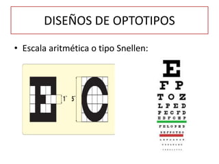 DISEÑOS DE OPTOTIPOS
• Escala aritmética o tipo Snellen:
 