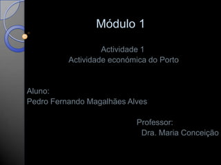 Módulo 1
Actividade 1
Actividade económica do Porto
Aluno:
Pedro Fernando Magalhães Alves
Professor:
Dra. Maria Conceição
 